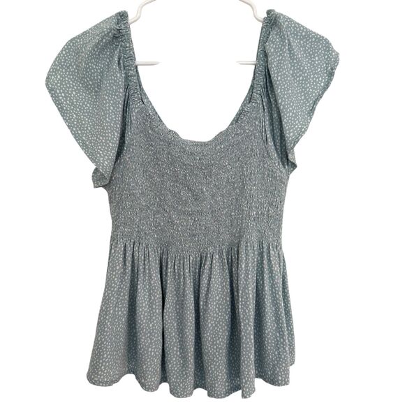 JAPNA Women's Size LARGE Smocked Flutter Sleeve Blouse Light Green White Print - Picture 3 of 3